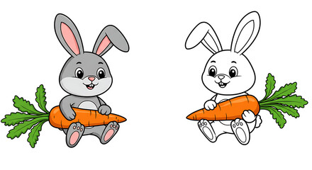 Fototapeta premium Bunny and carrot cartoon coloring page vector isolated on white background.