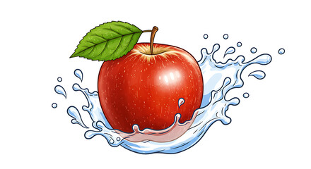 whole apple with leaf splashing in water or juice, isolated on white background – black and white outline illustration for kids and coloring books.