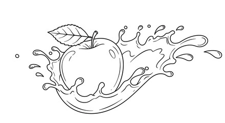whole apple with leaf splashing in water or juice, isolated on white background – black and white outline illustration for kids and coloring books.