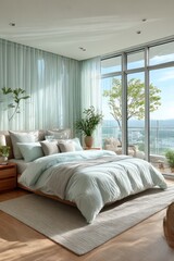 Modern bedroom with light-teal bedding