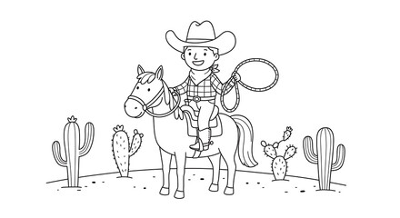 cute cowboy on a horse with lasso and cacti, coloring page vector isolated on white background.