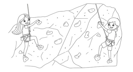 Obraz premium illustration of a boy and girl rock climbing on an artificial wall – coloring page for kids, isolated on white background.