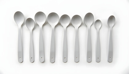 Row of silver spoons. Represents cutlery, tableware, minimalist design, or repetition. Clean and modern.

