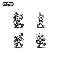 Fototapeta premium Vintage Retro Cartoon Characters Rocket, Graduation Cap, Pointer Finger, Award