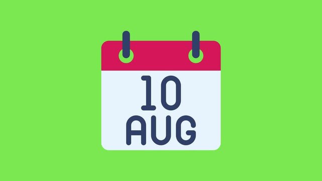 Calendar Icon Animation, 10 August Animation Pop Up, Appointment, Important Date, Timetable Time Management, Organize Meeting. Planning Strategy. Animated Stock Video 4K HD Green Screen Background  