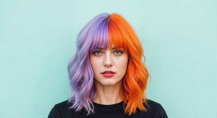 Young woman showing her trendy two-colored hairstyle in front of turquoise background