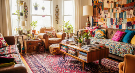 A bohemian living room bursts with vibrant colors, featuring patterned rugs, textiles, a mix of furniture, numerous plants, and eclectic decor, bathed in natural light.