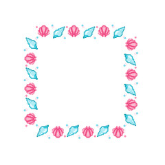 Pixel Art Seashell Square Frame. Cute Pink and Blue Summer Border for Posters, Cards, and Decoration