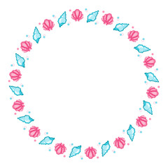 Pixel Art Seashell Round Frame. Cute Pink and Blue Summer Border for Posters, Cards, and Decoration