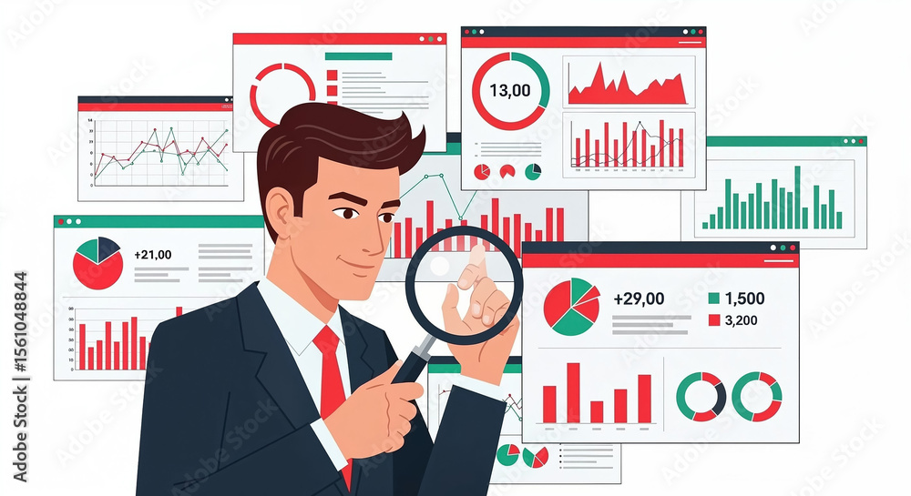 Poster businessman examining charts and graphs with magnifying glass