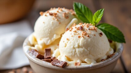 Creamy vanilla ice cream scoops topped with nuts and chocolate.