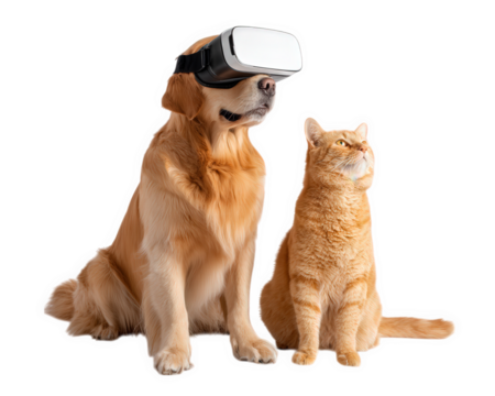 Dog wearing virtual reality headset and orange tabby cat sitting together isolated on transparency background, playful and curious expression, technology and pet concept