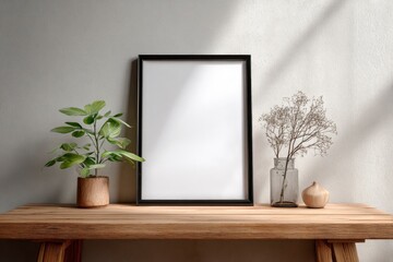 Black frame on a wooden table with a potted plant and a vase of dried flowers
