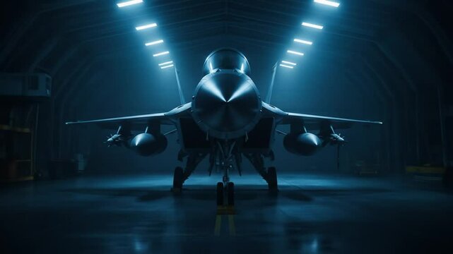 Modern fighter jet in dark hangar interior