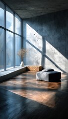Modern concrete interior with large window