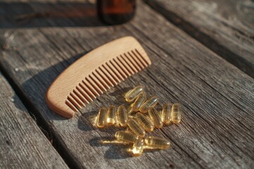 Comb supplements and a bottle sit on weathered wooden planks