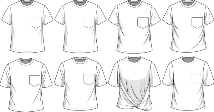 Men’s t-shirt fashion CAD drawing top view showing pocket styles and draped variations for modern vector apparel design templates.