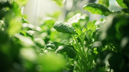 Obraz premium Fresh green leafy plants thriving with natural sunlight indoors beautifully