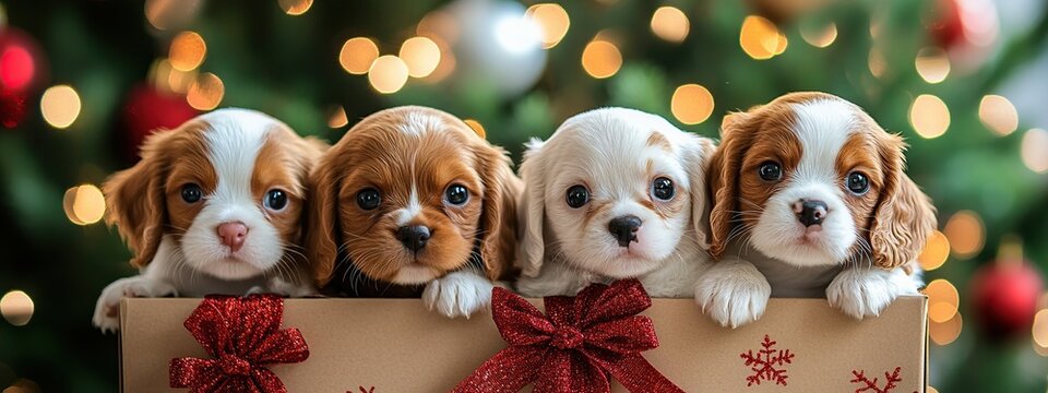 Four adorable Cavalier King Charles Spaniel puppies are nestled inside a festive brown gift box, complete with a large red bow, set against a blurred background of a Christmas tree