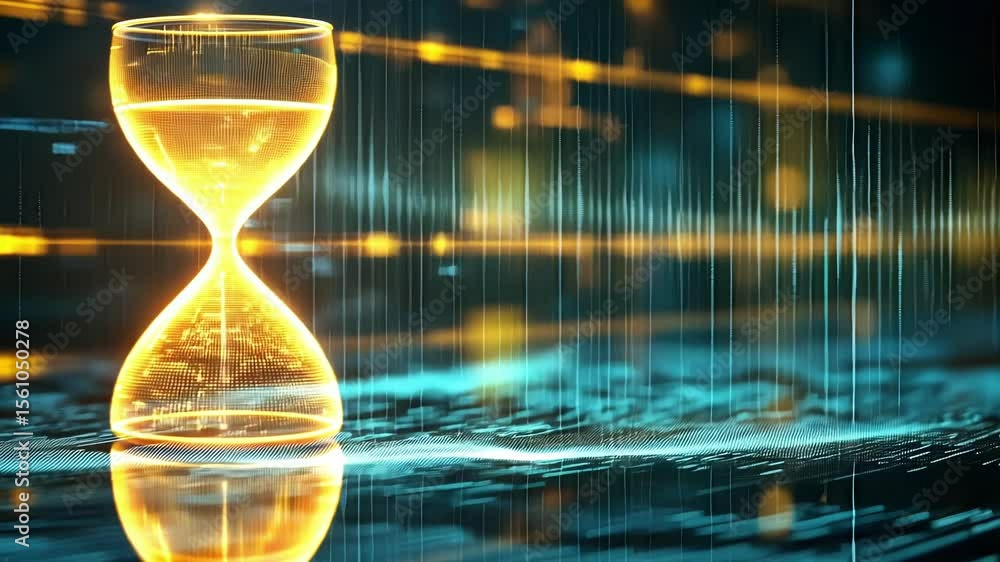 Aufkleber Glowing digital hourglass measuring passing time in abstract virtual reality environment with binary code data stream and futuristic bokeh lights