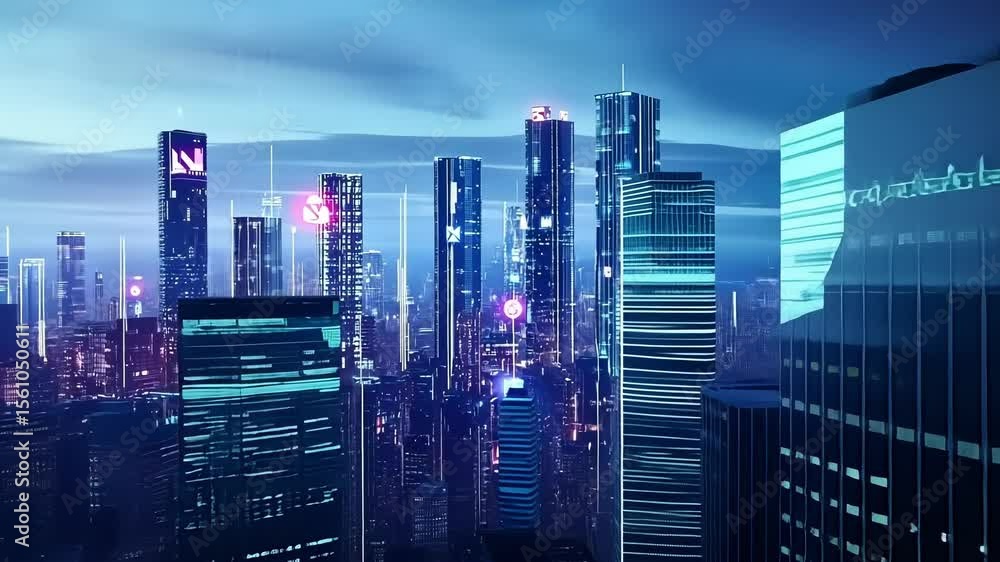 Poster a dynamic cityscape composed of shimmering skyscrapers each adorned with animated adver for nonfungi