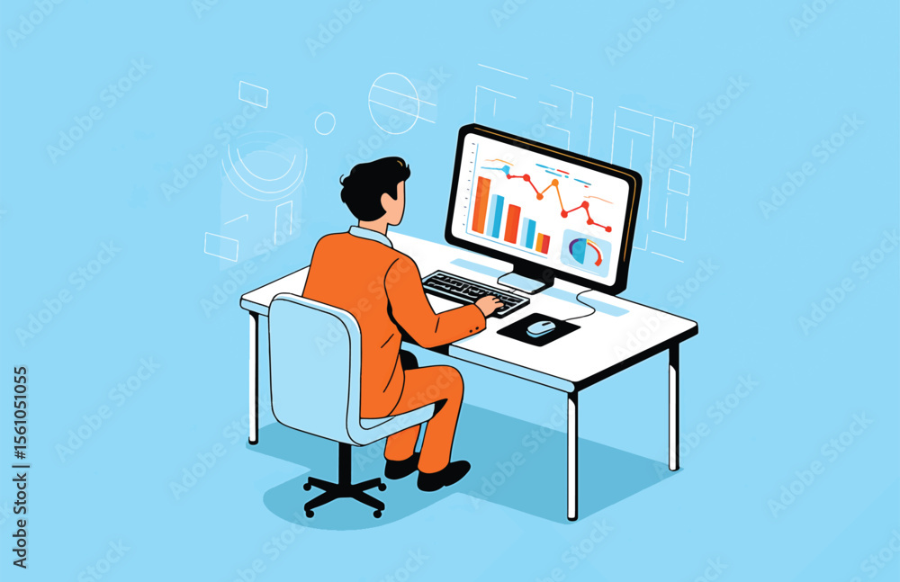 Poster data analyst reviewing business charts on computer