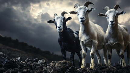 Three goats standing together on a rocky and dramatic landscape