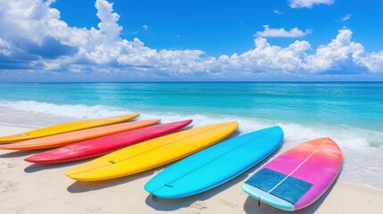 Vibrant Surfboards Lying On Soft Beach With Waves In The Distance