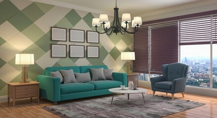 Turquoise sofa in modern living room with geometric wall. Contemporary lounge with blue armchair and cityscape view. Elegant space with black chandelier and white floor lamp.