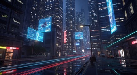 Naklejka premium Futuristic Cityscape with Neon Lights and Holographic Displays
