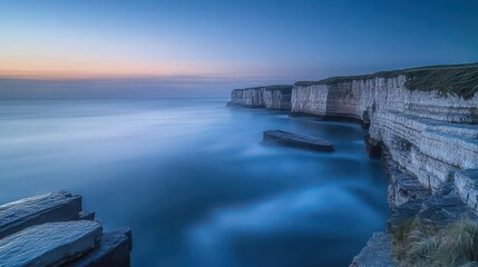 Twilight Over Coastal Cliffs with Calm Waters and Rock Formations