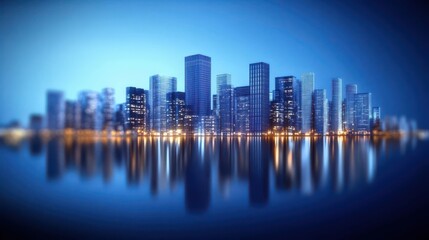 Fototapeta premium Cityscape Reflection at Twilight: Modern Skyscrapers Illuminated Against a Calm Water Surface
