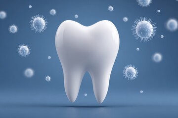 Tooth's Defense: A striking representation of a healthy tooth, pristine and white, stands resolute amidst a field of threatening microscopic pathogens.