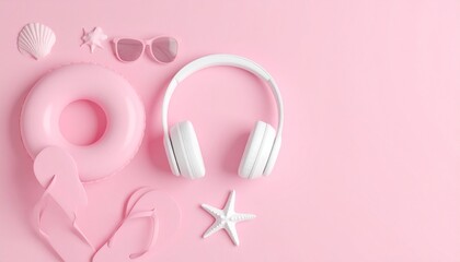 Mock up of pink summer beach concept. Summer accessories, headphone, sunglasses, 
