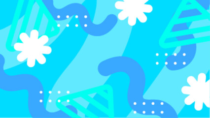 Abstract blue pattern with triangles, flowers, and wavy lines. Suitable for backgrounds, wallpapers, textiles, and print designs with a modern touch.