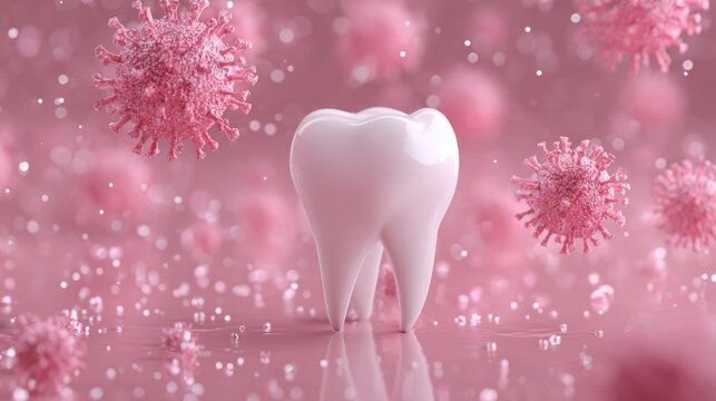 Dental Health and Bacteria: A healthy tooth stands strong against a swarm of pink bacteria, symbolizing the importance of oral hygiene and preventative dental care.