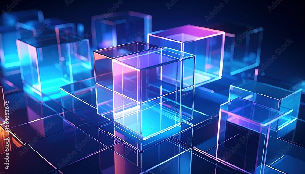 Poster 3d rendering of abstract transparent geometry glass with gradient colors, computer