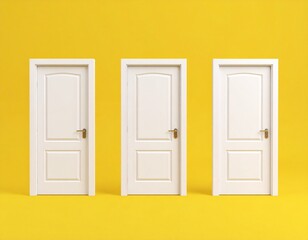 Minimal conceptual scene of three white door on yellow background. 3D rendering