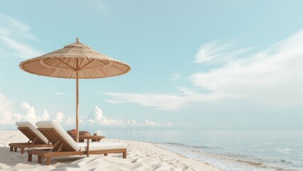 Beach scene with straw umbrella and lounge chairs.