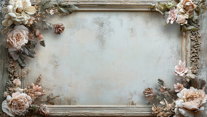 wooden motif photo frame with flowers on concrete stone background 9
