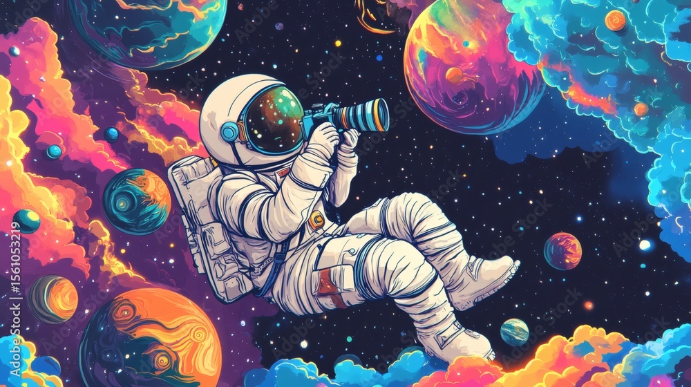 Poster an astronaut floating in space is viewing planets through a scope