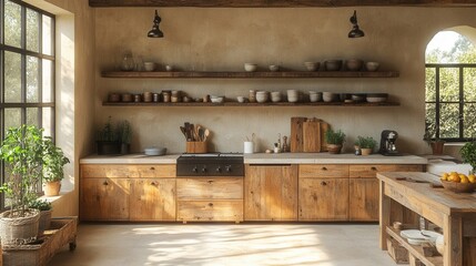 Rustic Kitchen Interior with Wooden Cabinets and Open Shelving