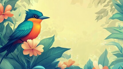 A Colorful Bird Perched Among Flowers And Lush Green Leaves