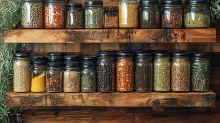 Spice Jars on Wooden Shelves