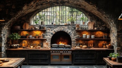 Stone Kitchen Interior with Stove, Shelves, and Large Window