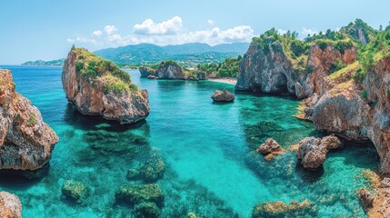 Coastal cove with turquoise water, rocky cliffs and lush vegetation