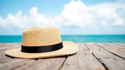 Beige straw hat rests on weathered wooden planks by the ocean.