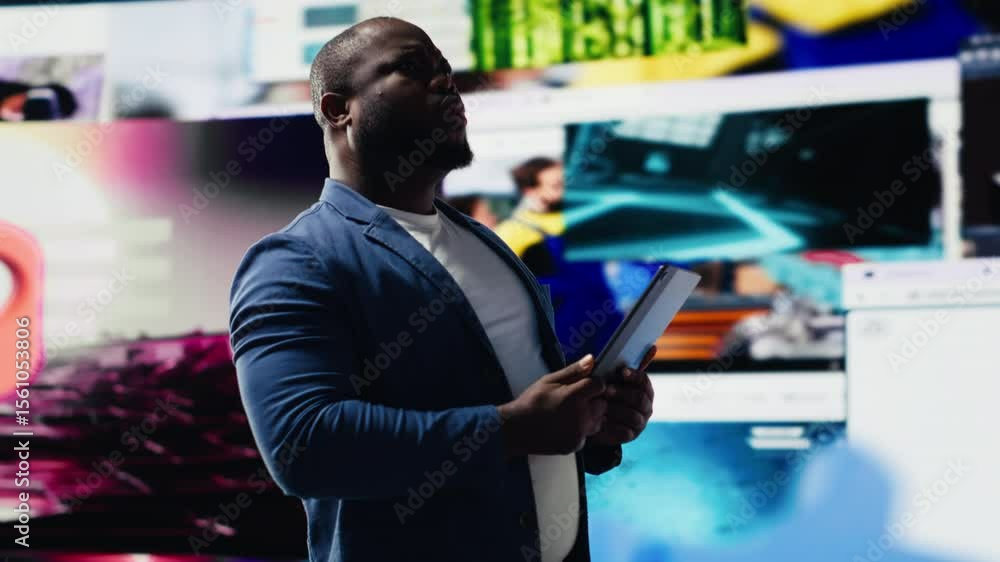 Poster african american user emphasizing visual concept of online communication, connecting to web platform