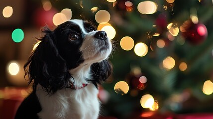 A black and white Cavalier King Charles Spaniel gazes upwards at a brightly lit Christmas tree filled with colorful lights.