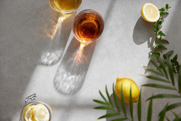 Minimal Aesthetic Beverages in Natural Light with Greenery.